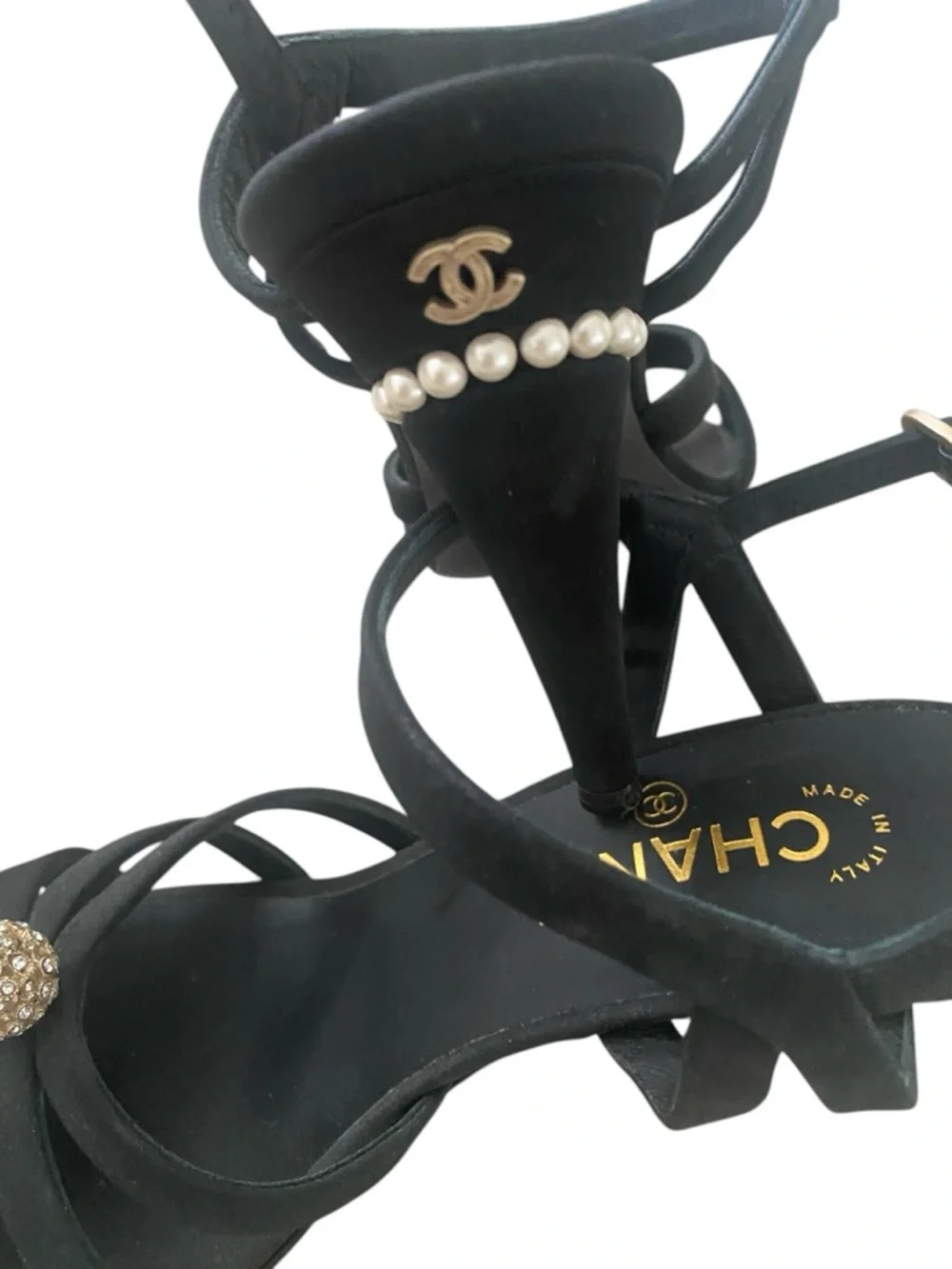 CHANEL Black Satin Strappy Heels with Pearl & Crystal Ornaments size 40